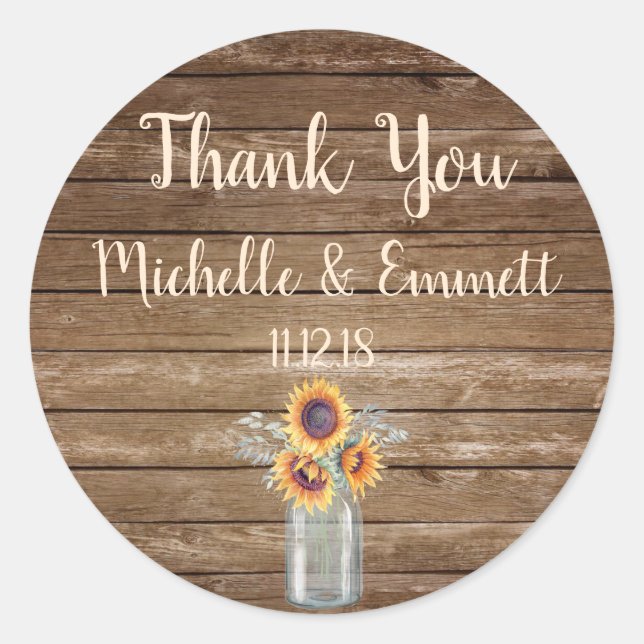 Sunflower Rustic Sticker, Thank You Sticker,Rustic Classic Round Sticker (Front)