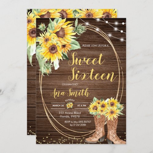 Sunflower Rustic String Light Birthday Party Invitation