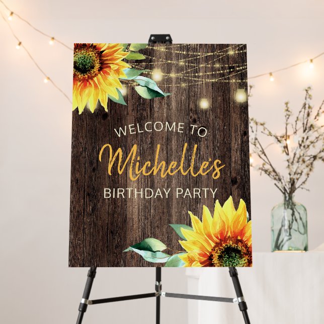 Sunflower Rustic String Lights Birthday Welcome Foam Board (In Situ (Stand))