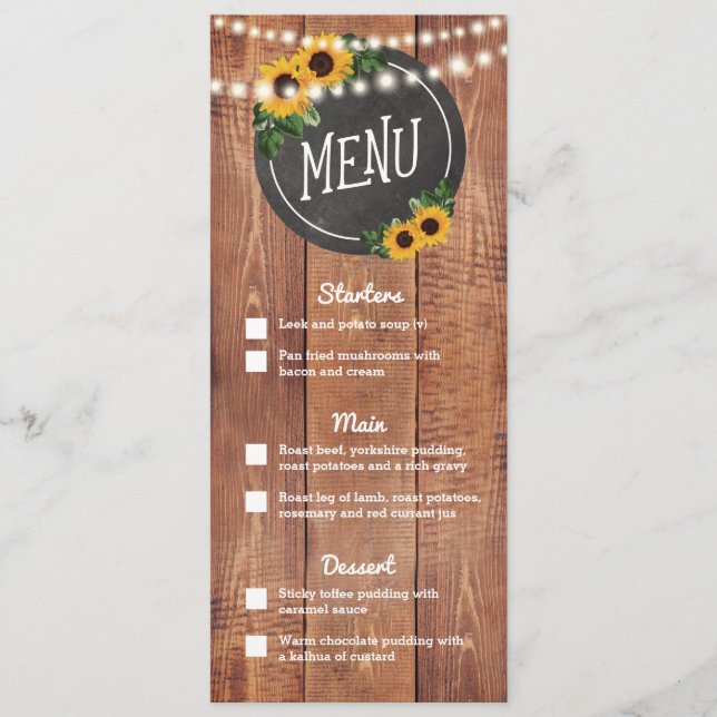 Sunflower Rustic String Lights Wedding Menu (Front)