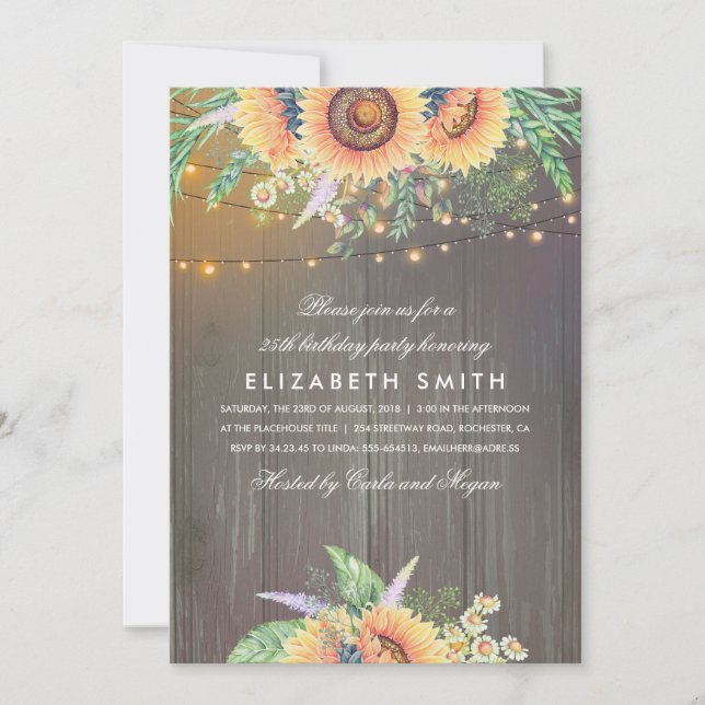Sunflower Rustic String Lights Wood Birthday Party Invitation (Front)