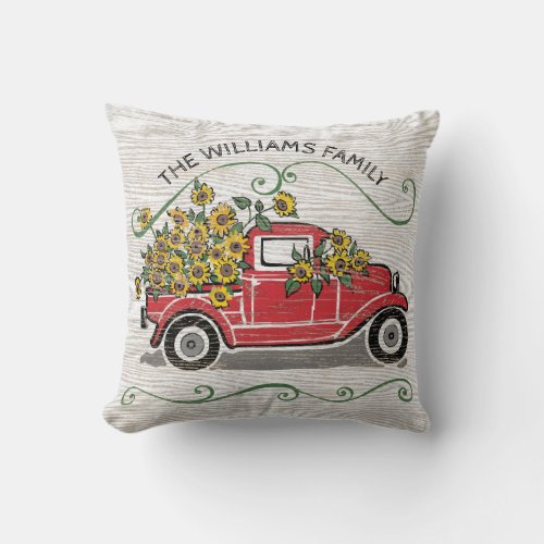 Sunflower Rustic Vintage Red Truck Monogrammed Throw Pillow