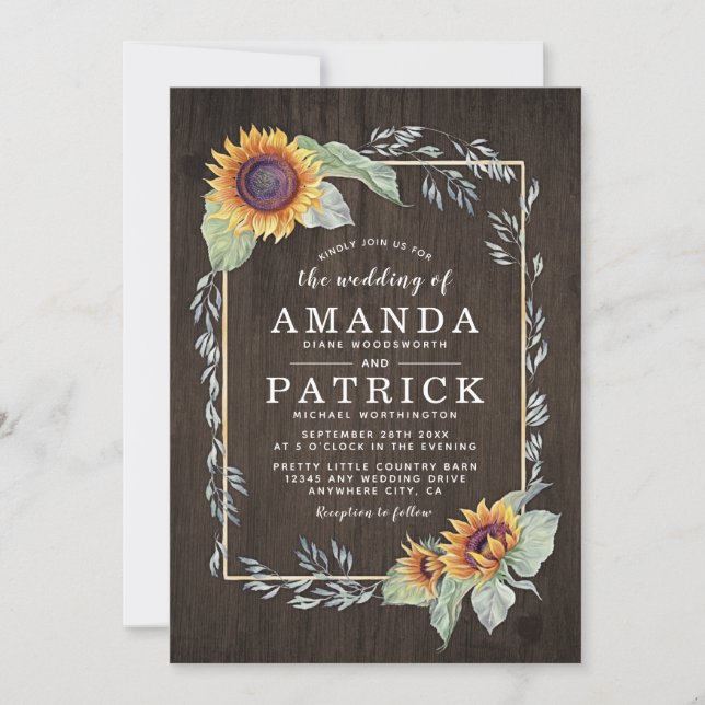 Sunflower Rustic Watercolor Wedding Invitations (Front)