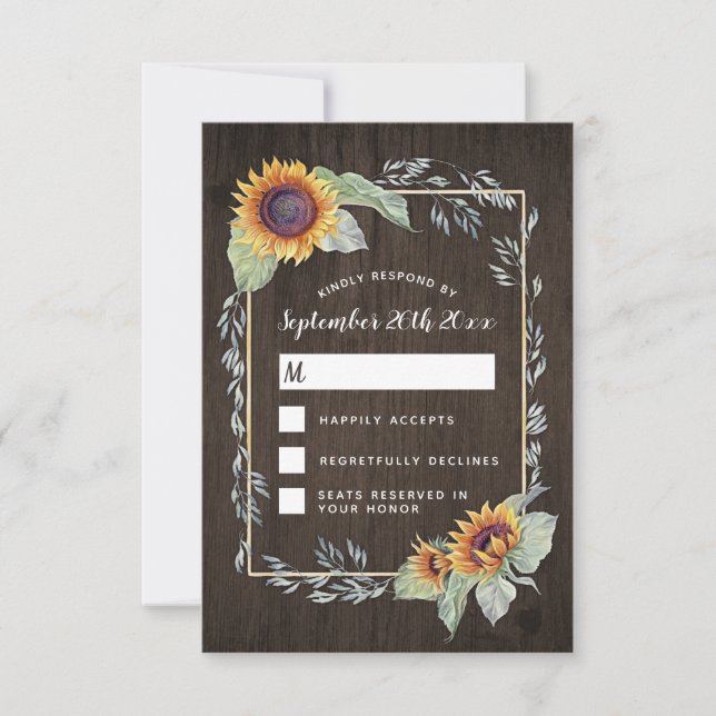 Sunflower Rustic Watercolor Wedding RSVP Cards (Front)