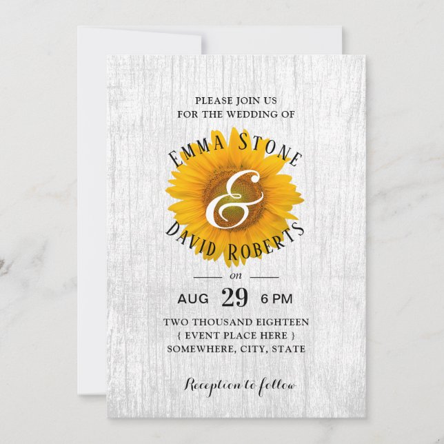 Sunflower Rustic White Barn Wood Wedding Invitation (Front)