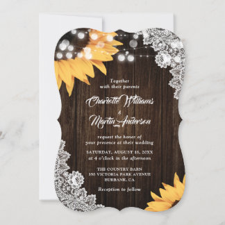 Sunflower Rustic Wood Burlap Floral Lace Wedding Invitation