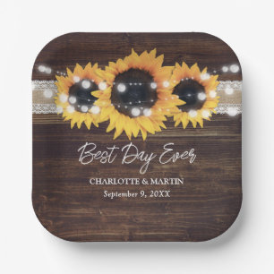 Sunflower Rustic Wood Burlap Lace Wedding Paper Plates
