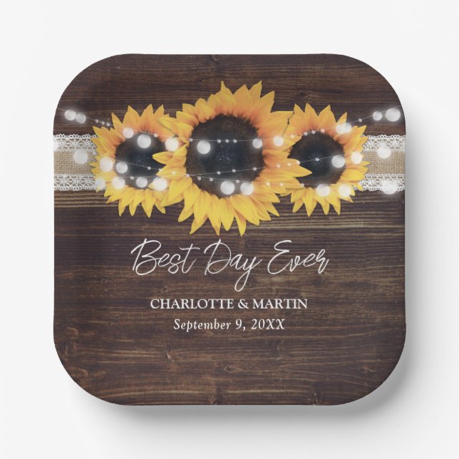 Sunflower Rustic Wood Burlap Lace Wedding Paper Plates (Front)