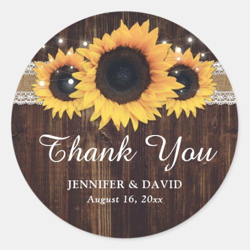 Sunflower Rustic Wood Burlap Thank You Wedding Classic Round Sticker