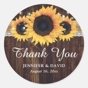 Sunflower Rustic Wood Burlap Thank You Wedding Classic Round Sticker
