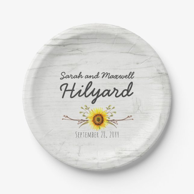 Sunflower & Rustic Wood Farm Country Wedding Paper Plates (Front)