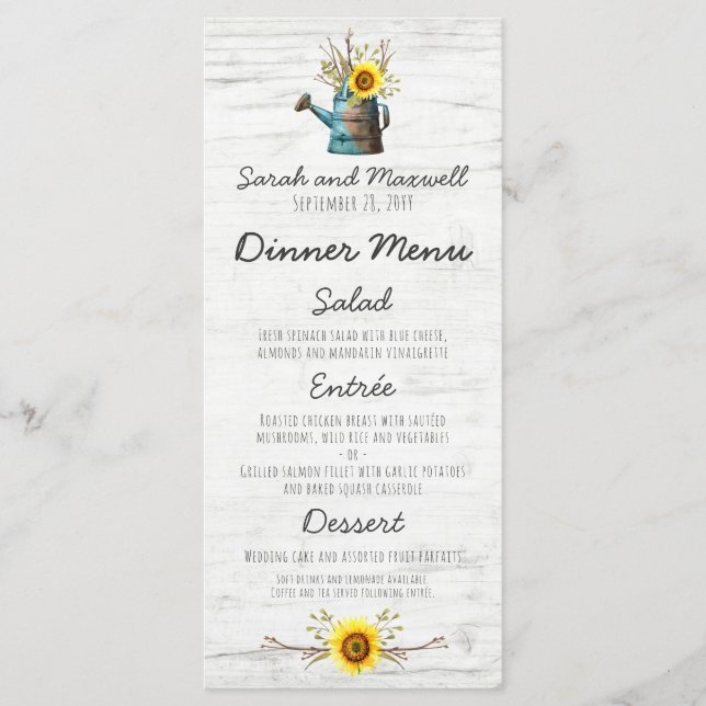Sunflower & Rustic Wood Farm Wedding Dinner Menu (Front)