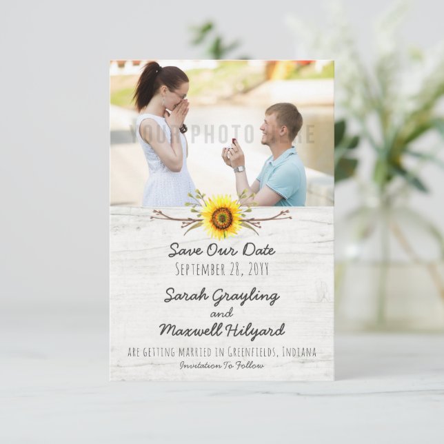 Sunflower & Rustic Wood Farm Wedding Save The Date (Standing Front)