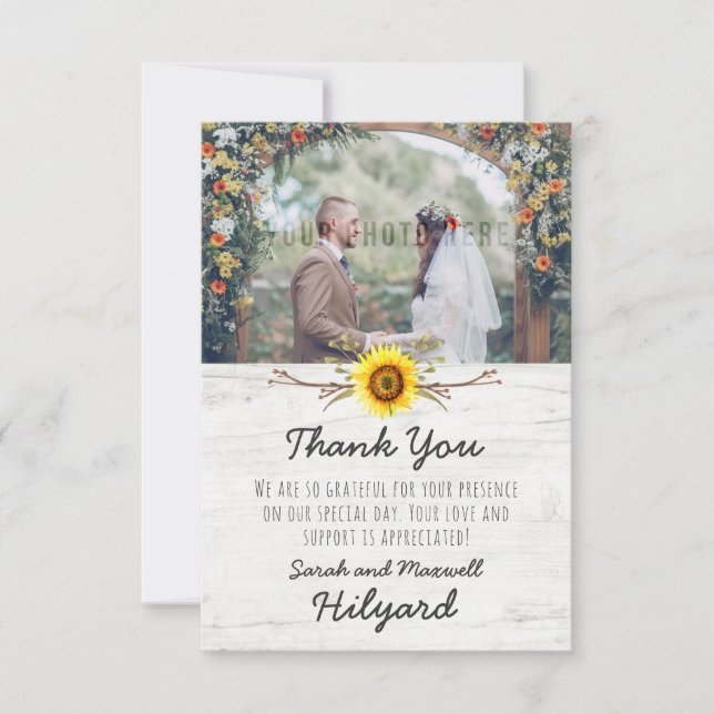 Sunflower & Rustic Wood Farm Wedding Thank You (Front)