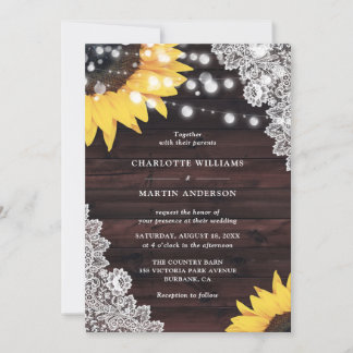 Sunflower Rustic Wood Floral Lace Elegant Wedding Invitation