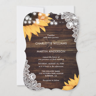 Sunflower Rustic Wood Floral Lace Elegant Wedding Invitation