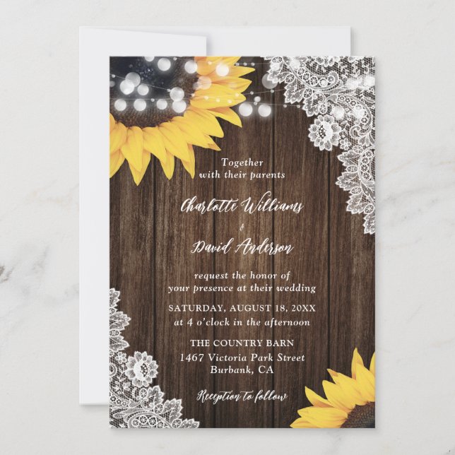 Sunflower Rustic Wood Floral Lace Wedding Invitation (Front)