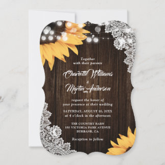 Sunflower Rustic Wood Floral Lace Wedding Invitation
