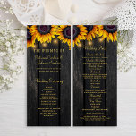 Sunflower rustic wood gold script wedding program<br><div class="desc">Elegant rustic sunflower wood wedding ceremony program template featuring beautiful bright yellow orange sunflowers bouquets and strings of twinkle lights on a country style dark brown wooden background. Personalize it with your your details on both sides. Suitable for rustic country vintage traditional chic summer garden or autumn fall outdoor backyard...</div>