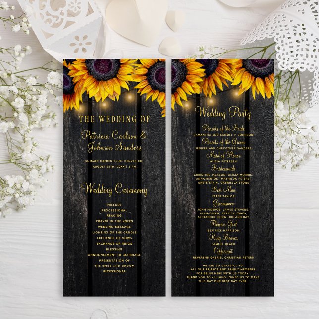 Sunflower rustic wood gold script wedding program (Creator Uploaded)