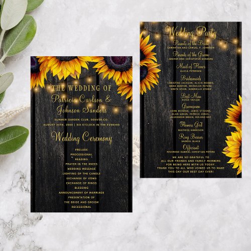 Sunflower rustic wood gold script wedding program