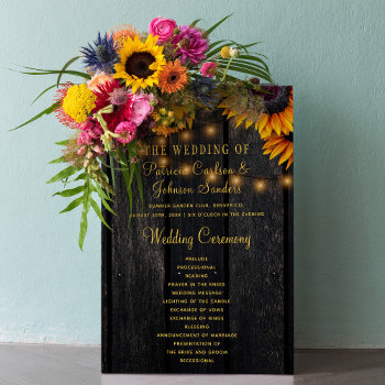 Sunflower Rustic Wood Gold Script Wedding Program Flyer by invitations_kits at Zazzle