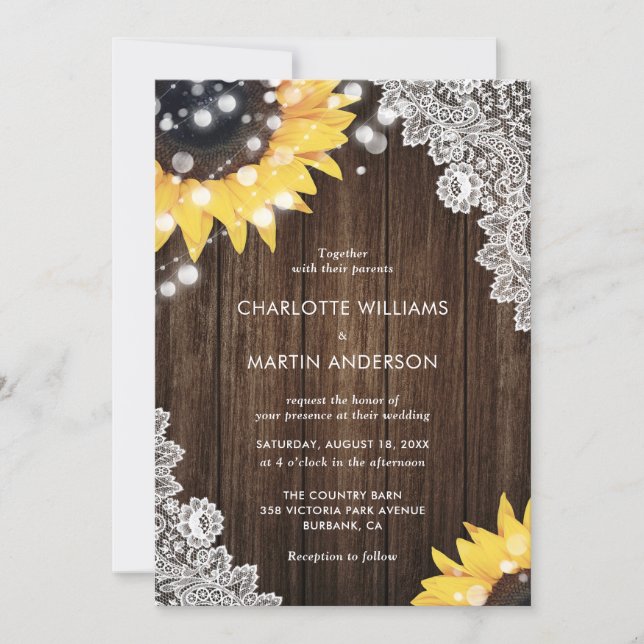 Sunflower Rustic Wood Lace Burlap Hearts Wedding Invitation (Front)