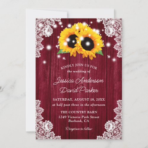 Sunflower Rustic Wood Lace Lights Burgundy Wedding Invitation