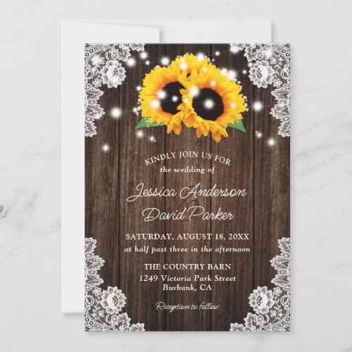 Sunflower Rustic Wood Lace Lights Fall Wedding Invitation