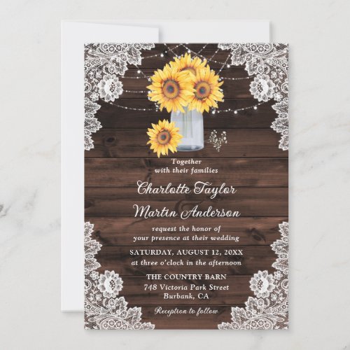 Sunflower Rustic Wood Lace Mason Jar Wedding Invitation