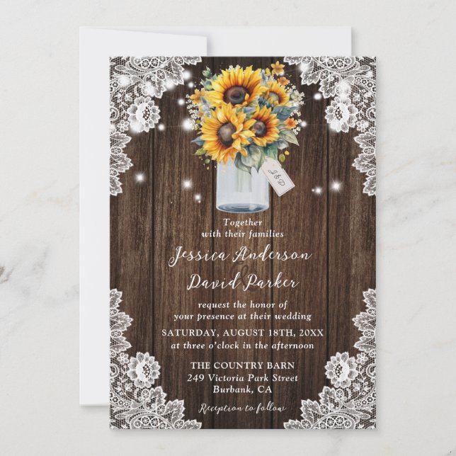 Sunflower Rustic Wood Lace Mason Jar Wedding Invitation (Front)