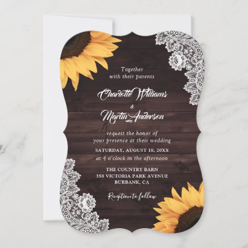 Sunflower Rustic Wood Lace Monogram Wedding Invitation