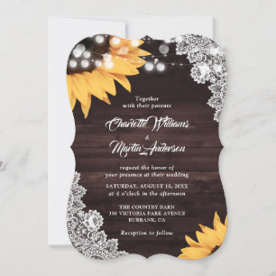 Sunflower Rustic Wood Lace Monogram Wedding Invitation