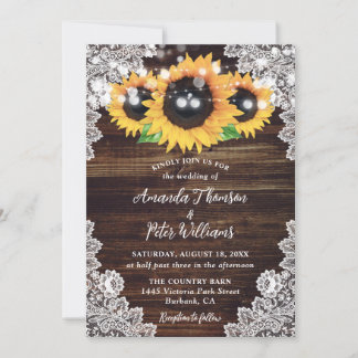 Sunflower Rustic Wood Lace String Lights Wedding Invitation