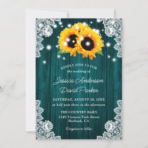 Sunflower Rustic Wood Lace Teal Wedding Invitation