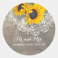Sunflower Rustic Wood Lace Wedding Monogram Classic Round Sticker