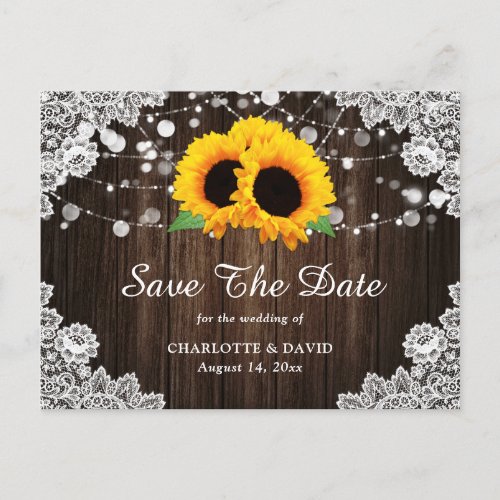 Sunflower Rustic Wood Lace Wedding Save The Date Announcement Postcard