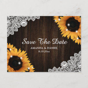 Sunflower Rustic Wood Lace Wedding Save The Date Announcement Postcard