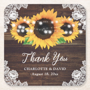 Sunflower Rustic Wood Lace Wedding Thank You Square Paper Coaster