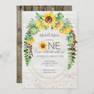 Sunflower Rustic Wood Lights First Birthday Invitation