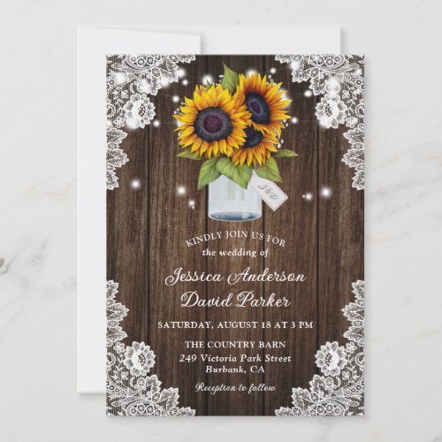 Sunflower Rustic Wood Mason Jar Wedding Invitation