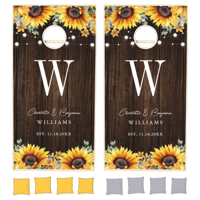 Sunflower Rustic Wood Monogram Wedding Cornhole Set (Set)