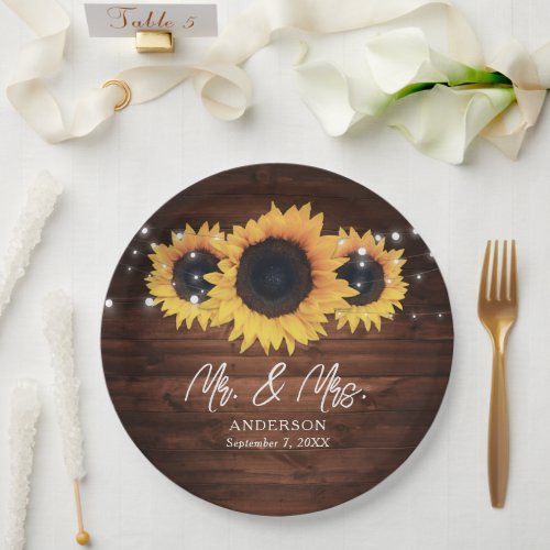 Sunflower Rustic Wood Mr and Mrs Wedding Paper Plates