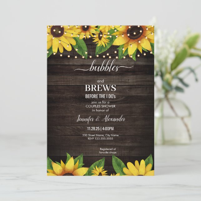 Sunflower Rustic Wood String Engagement Party Invitation (Standing Front)