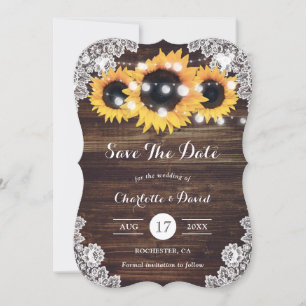Sunflower Rustic Wood String Lights Floral Lace Save The Date
