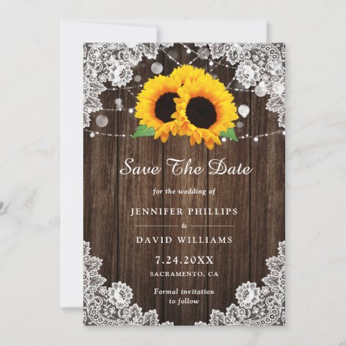 Sunflower Rustic Wood String Lights Floral Wedding Save The Date