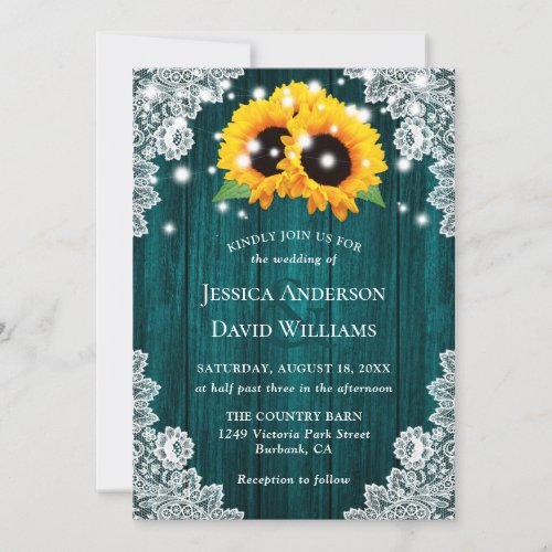 Sunflower Rustic Wood String Lights Teal Wedding Invitation