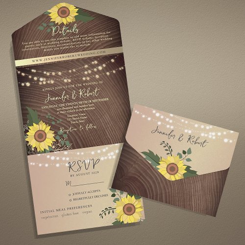 Sunflower Rustic Wood String Lights Wedding All In One Invitation