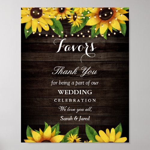 Sunflower Rustic Wood String Lights Wedding Favors Poster