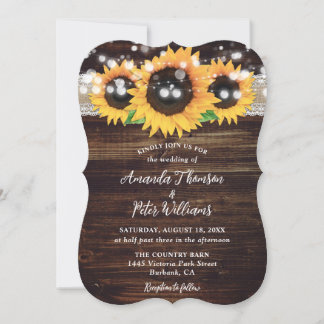 Sunflower Rustic Wood String Lights Wedding Invitation